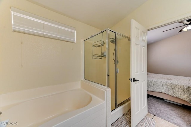 3823 Aspen Creek Ave, North Las Vegas, NV 89031 - ensuite bathroom featuring a shower stall, a garden tub, tile patterned floors, and ceiling fan