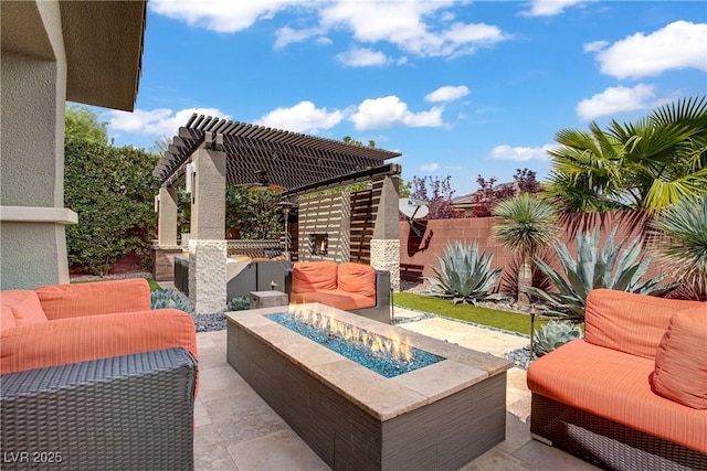 5742 Shadow Bend Dr, Las Vegas, NV 89135 - view of patio with a pergola and an outdoor living space with a fire pit