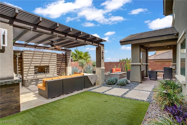5742 Shadow Bend Dr, Las Vegas, NV 89135 - view of yard featuring outdoor lounge area, a patio area, a pergola, and a ceiling fan