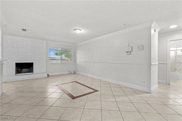 5101 Churchill Ave, Las Vegas, NV 89107 - unfurnished living room with a textured ceiling, ornamental molding, light tile patterned floors, a fireplace, and baseboards