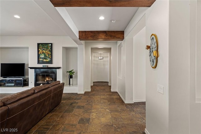 48 Panorama Crest Ave, Las Vegas, NV 89135 - corridor featuring baseboards, dark stone finish flooring, beam ceiling, and recessed lighting