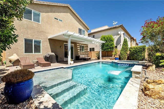 10474 Palmadora St, Las Vegas, NV 89178 - view of swimming pool featuring a pergola, a patio area, a fenced backyard, a pool with connected hot tub, and a grill