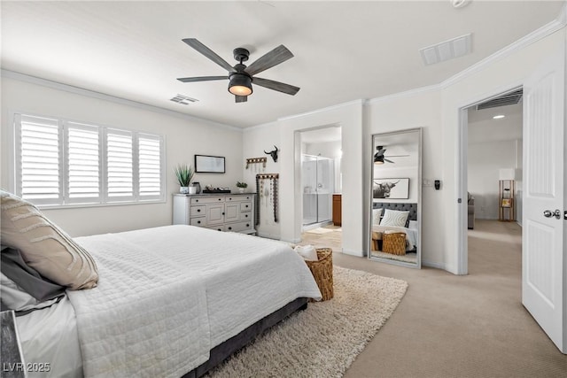 10474 Palmadora St, Las Vegas, NV 89178 - bedroom featuring crown molding, light carpet, ceiling fan, connected bathroom, and baseboards