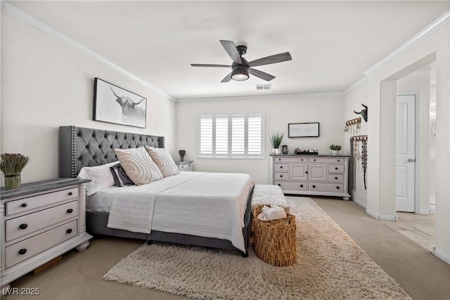 10474 Palmadora St, Las Vegas, NV 89178 - bedroom with light carpet, ornamental molding, a ceiling fan, and baseboards