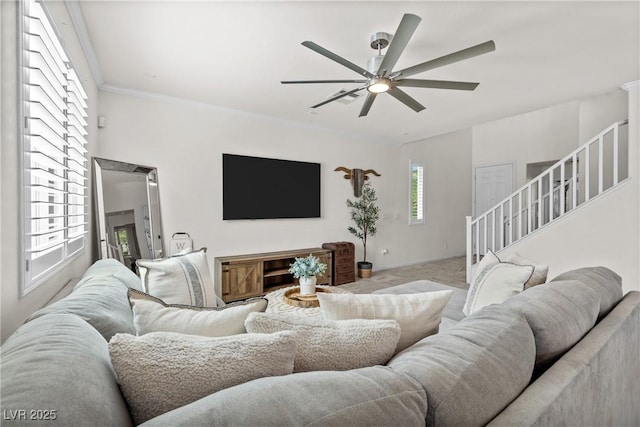 10474 Palmadora St, Las Vegas, NV 89178 - carpeted living area with ceiling fan and stairway