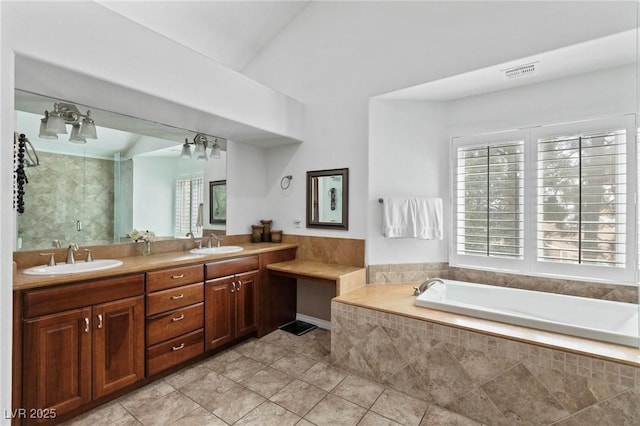 15 Pheasant Ridge Dr, Henderson, NV 89014 - full bathroom featuring double vanity, a bath, tile patterned floors, and an enclosed shower