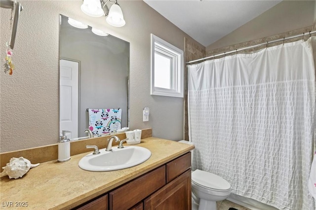 15 Pheasant Ridge Dr, Henderson, NV 89014 - bathroom with vaulted ceiling, vanity, toilet, and a textured wall