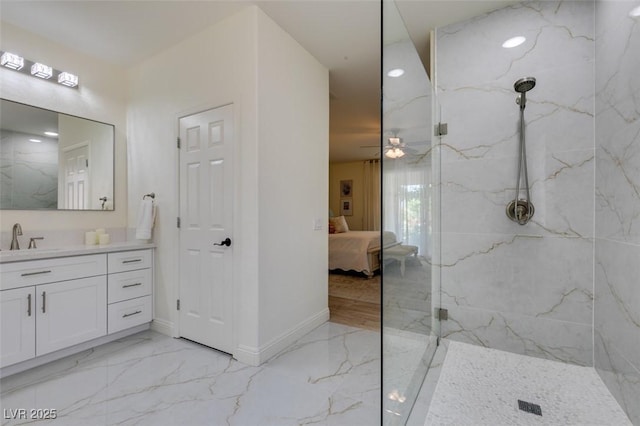 8221 Bay Dunes St, Las Vegas, NV 89131 - ensuite bathroom featuring marble tiled floors, a marble finish shower, vanity, and a ceiling fan