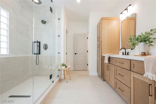 8104 Bay Harbor Dr, Las Vegas, NV 89128 - bathroom featuring vanity, a marble finish shower, and tile patterned flooring
