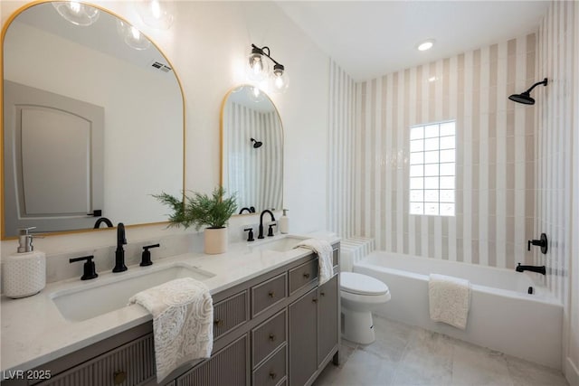8104 Bay Harbor Dr, Las Vegas, NV 89128 - full bathroom featuring toilet, double vanity,  shower combination, and tile patterned floors