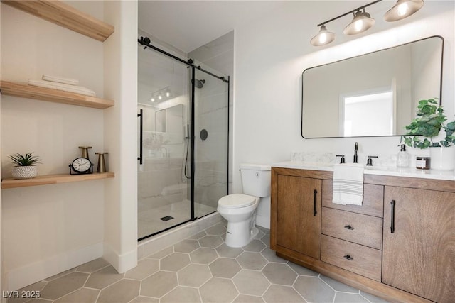 8104 Bay Harbor Dr, Las Vegas, NV 89128 - bathroom with vanity, toilet, a stall shower, and tile patterned floors