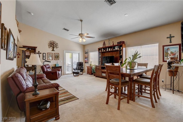 805 Palmero Way, Boulder City, NV 89005 - dining room with light carpet, ceiling fan, and vaulted ceiling