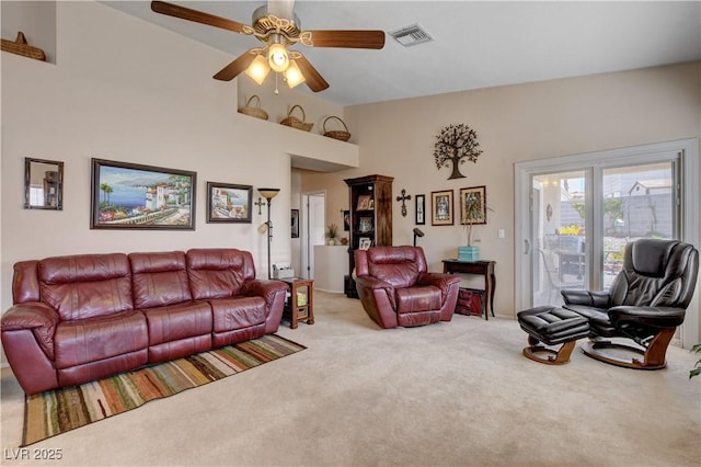 805 Palmero Way, Boulder City, NV 89005 - carpeted living area with a ceiling fan and vaulted ceiling