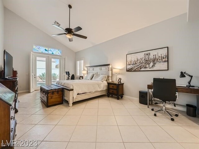 9718 Camino Capistrano Ln, Las Vegas, NV 89147 - bedroom with high vaulted ceiling, an office area, light tile patterned floors, baseboards, and a ceiling fan