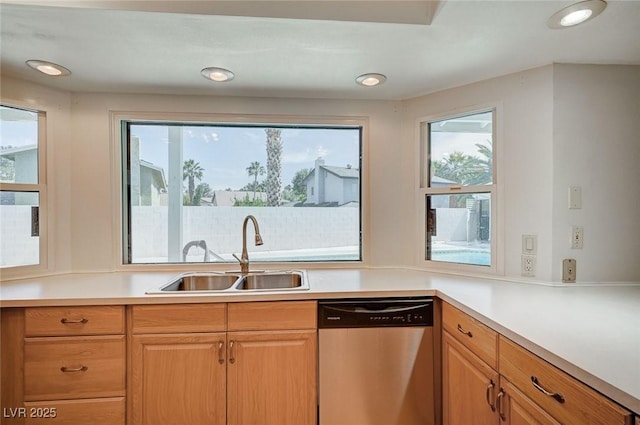 3143 El Chico Ct, Las Vegas, NV 89120 - kitchen featuring dishwasher, a sink, light countertops, and recessed lighting