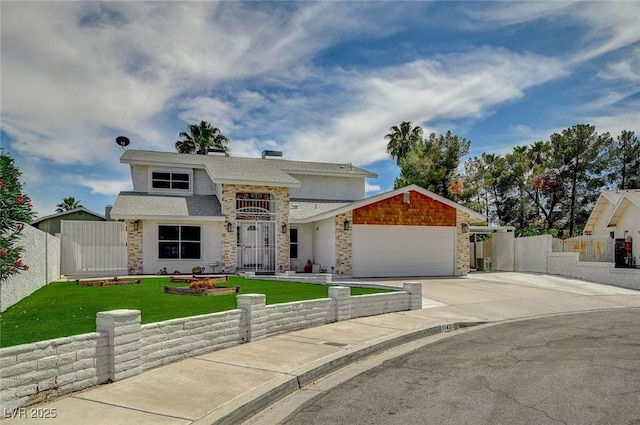 3143 El Chico Ct, Las Vegas, NV 89120 - view of front facade with concrete driveway, a garage, stone siding, and a gate