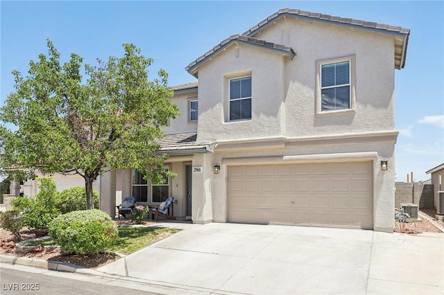 3966 Crystal Trip Ct, Las Vegas, NV 89129 - traditional-style house with a garage, stucco siding, a tile roof, driveway, and cooling unit