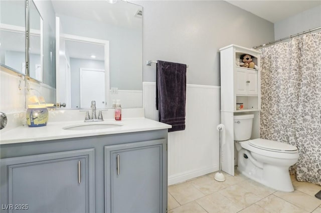 3966 Crystal Trip Ct, Las Vegas, NV 89129 - bathroom with toilet, vanity, tile patterned floors, and curtained shower