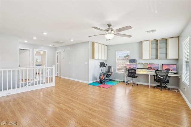 3966 Crystal Trip Ct, Las Vegas, NV 89129 - home office with a ceiling fan, light wood-type flooring, recessed lighting, baseboards, and built in study area