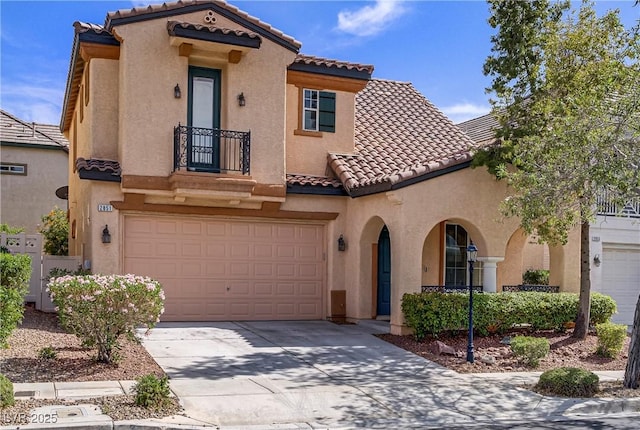 2851 Glistening Grove Ave, Henderson, NV 89052 - view of front facade with a tile roof, an attached garage, and stucco siding