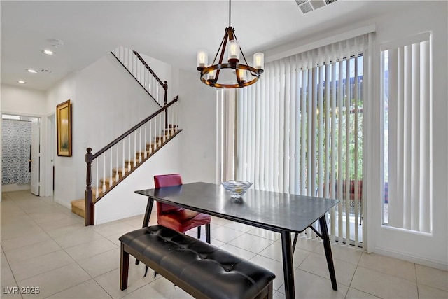 2851 Glistening Grove Ave, Henderson, NV 89052 - dining room featuring a chandelier, stairs, light tile patterned floors, recessed lighting, and baseboards