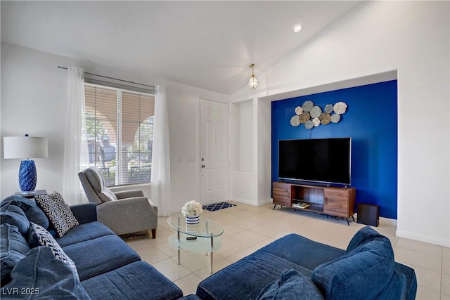 2851 Glistening Grove Ave, Henderson, NV 89052 - tiled living room featuring vaulted ceiling and baseboards