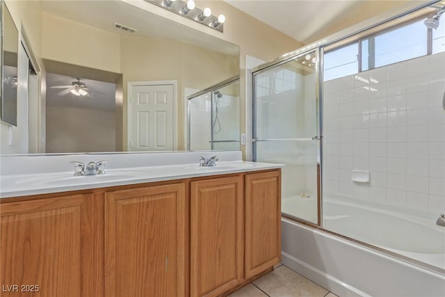 3037 Austin Pale Ave, North Las Vegas, NV 89081 - bathroom with tile patterned floors, ceiling fan, double vanity, and enclosed tub / shower combo