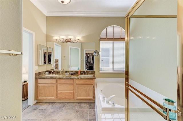 9220 Evergreen Canyon Dr, Las Vegas, NV 89134 - full bath featuring a bath, double vanity, and crown molding