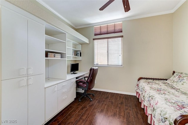 9220 Evergreen Canyon Dr, Las Vegas, NV 89134 - bedroom featuring dark wood-type flooring, crown molding, baseboards, and a ceiling fan
