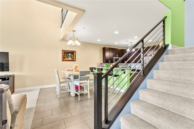 3159 Via Como, Henderson, NV 89044 - staircase with recessed lighting, a chandelier, baseboards, and tile patterned floors