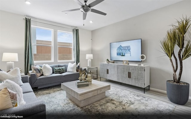 6740 Nimbus Ave Lot 10, Las Vegas, NV 89130 - living area featuring light wood-style flooring, a ceiling fan, recessed lighting, and baseboards