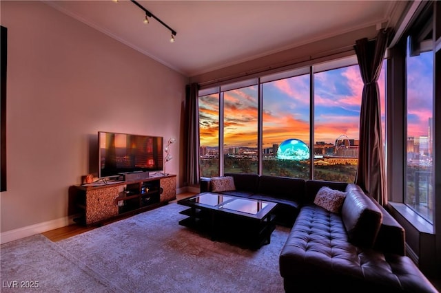 360 E Desert Inn Rd Unit 1803, Las Vegas, NV 89109 - living room featuring ornamental molding, vaulted ceiling, plenty of natural light, baseboards, and track lighting