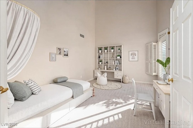 2104 Inverness Dr, Henderson, NV 89074 - carpeted bedroom with a high ceiling and an office area