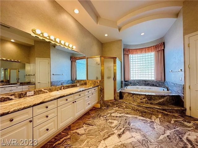 2017 Eagle Trace Way, Las Vegas, NV 89117 - bathroom with a stall shower, vanity, marble tiled flooring, a bath, and recessed lighting
