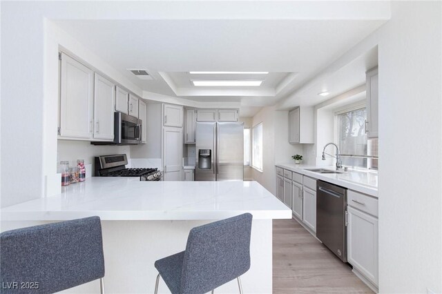 92 Sea Holly Way, Henderson, NV 89074 - kitchen with stainless steel appliances, a tray ceiling, light countertops, a peninsula, and light wood-style floors