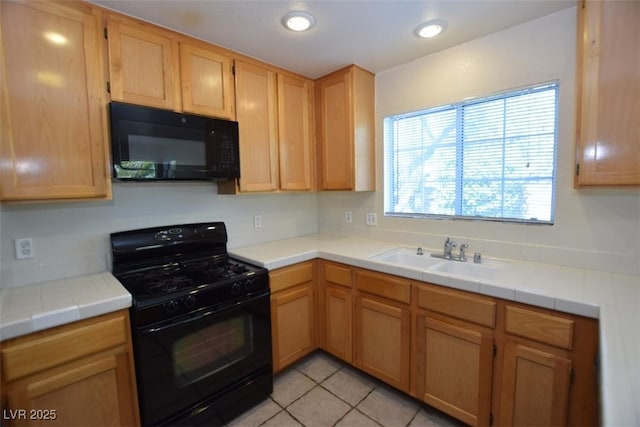 1220 Padre Serra Ln, Las Vegas, NV 89134 - kitchen with black appliances, a sink, light tile patterned flooring, tile countertops, and recessed lighting