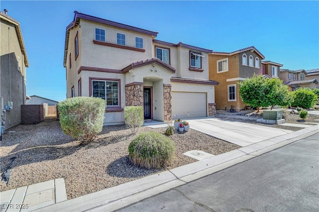 405 Prairie Moon Ave, North Las Vegas, NV 89084 - view of front of house with concrete driveway, stone siding, stucco siding, and an attached garage