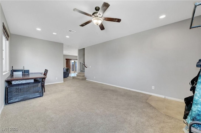 405 Prairie Moon Ave, North Las Vegas, NV 89084 - unfurnished living room featuring ceiling fan, carpet flooring, recessed lighting, and baseboards