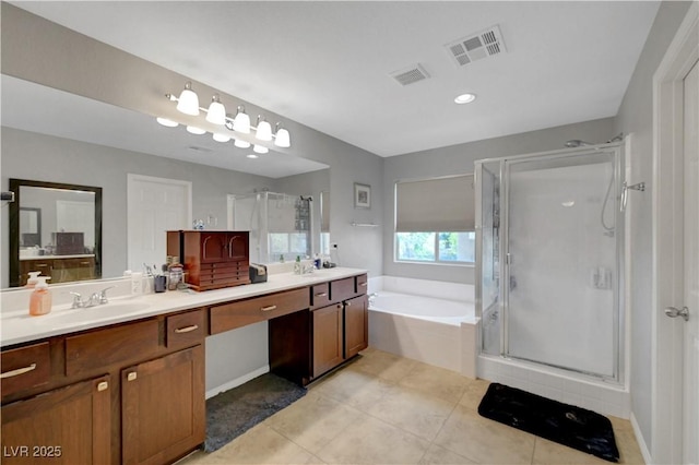 405 Prairie Moon Ave, North Las Vegas, NV 89084 - full bath with a stall shower, double vanity, a bath, and tile patterned floors