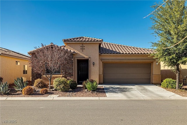 4780 Lorenzo Way, Pahrump, NV 89061 - mediterranean / spanish-style house with stucco siding, an attached garage, and a tile roof