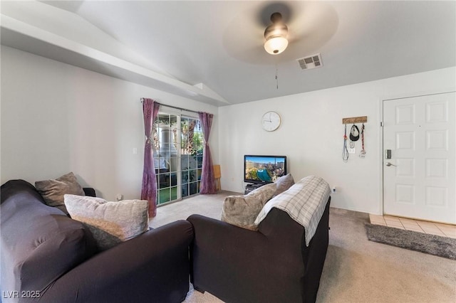 3420 Winterhaven St Unit 202, Las Vegas, NV 89108 - living room with light carpet, ceiling fan, and vaulted ceiling