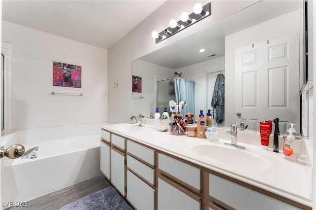 3420 Winterhaven St Unit 202, Las Vegas, NV 89108 - full bath with a bath, wood finished floors, double vanity, and curtained shower