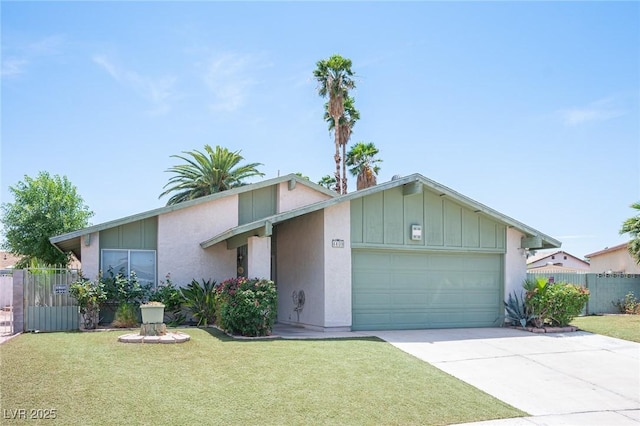 4409 Rosebank Cir, Las Vegas, NV 89108 - mid-century inspired home with an attached garage, driveway, board and batten siding, and stucco siding