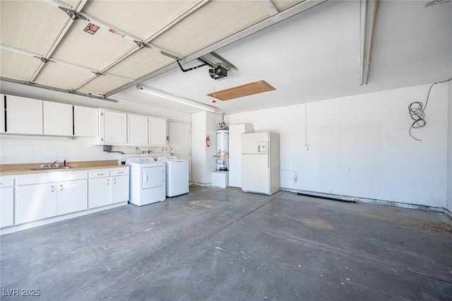 4409 Rosebank Cir, Las Vegas, NV 89108 - garage featuring white fridge with ice dispenser, independent washer and dryer, water heater, a sink, and a garage door opener
