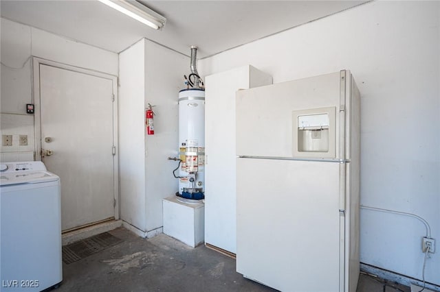4409 Rosebank Cir, Las Vegas, NV 89108 - garage with white refrigerator with ice dispenser, washer / clothes dryer, and gas water heater