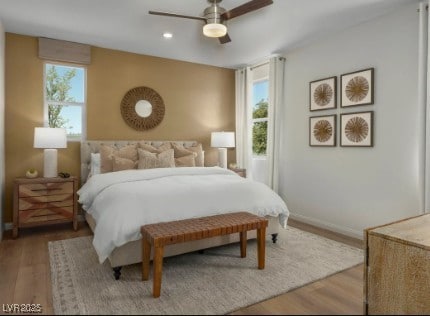 739 Wild Highlands Ln, Henderson, NV 89015 - bedroom featuring wood finished floors, baseboards, ceiling fan, and recessed lighting