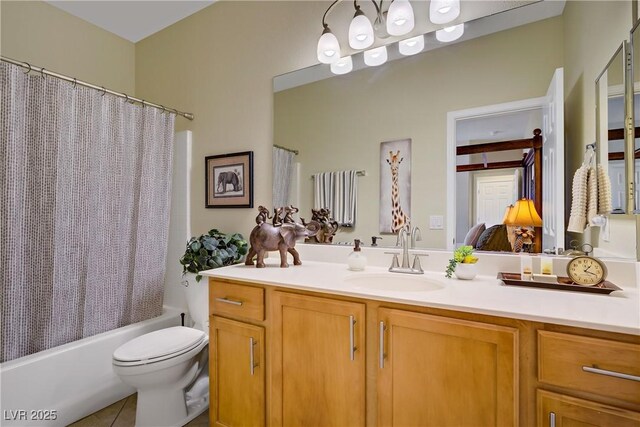 6440 Bristlebird St, North Las Vegas, NV 89084 - bathroom featuring vanity, toilet, shower / bath combo, and tile patterned floors