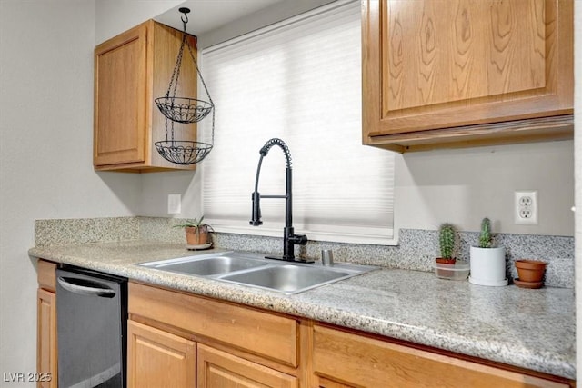 6445 Ironbark Ln, Las Vegas, NV 89107 - kitchen with a sink, stainless steel dishwasher, light countertops, and light brown cabinets