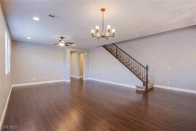 2369 Via Barranca St, Henderson, NV 89044 - unfurnished living room featuring stairs, a chandelier, a ceiling fan, dark wood-style floors, and recessed lighting