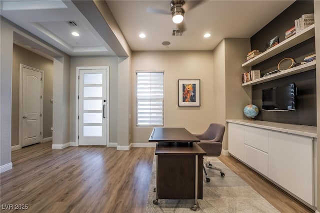 2896 Grande Arch St, Henderson, NV 89044 - office space with a ceiling fan, wood finished floors, and baseboards
